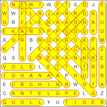 Example Word Search Puzzle's Solution